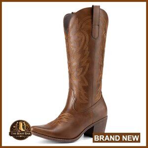 Western Mid Calf Boots Low Chunky Heel Snip Toe Embroidery Side Zipper